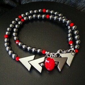 Sexy Red + Gray Hematite Choker 17-19"  Calming, Grounding, Clearing, Protection